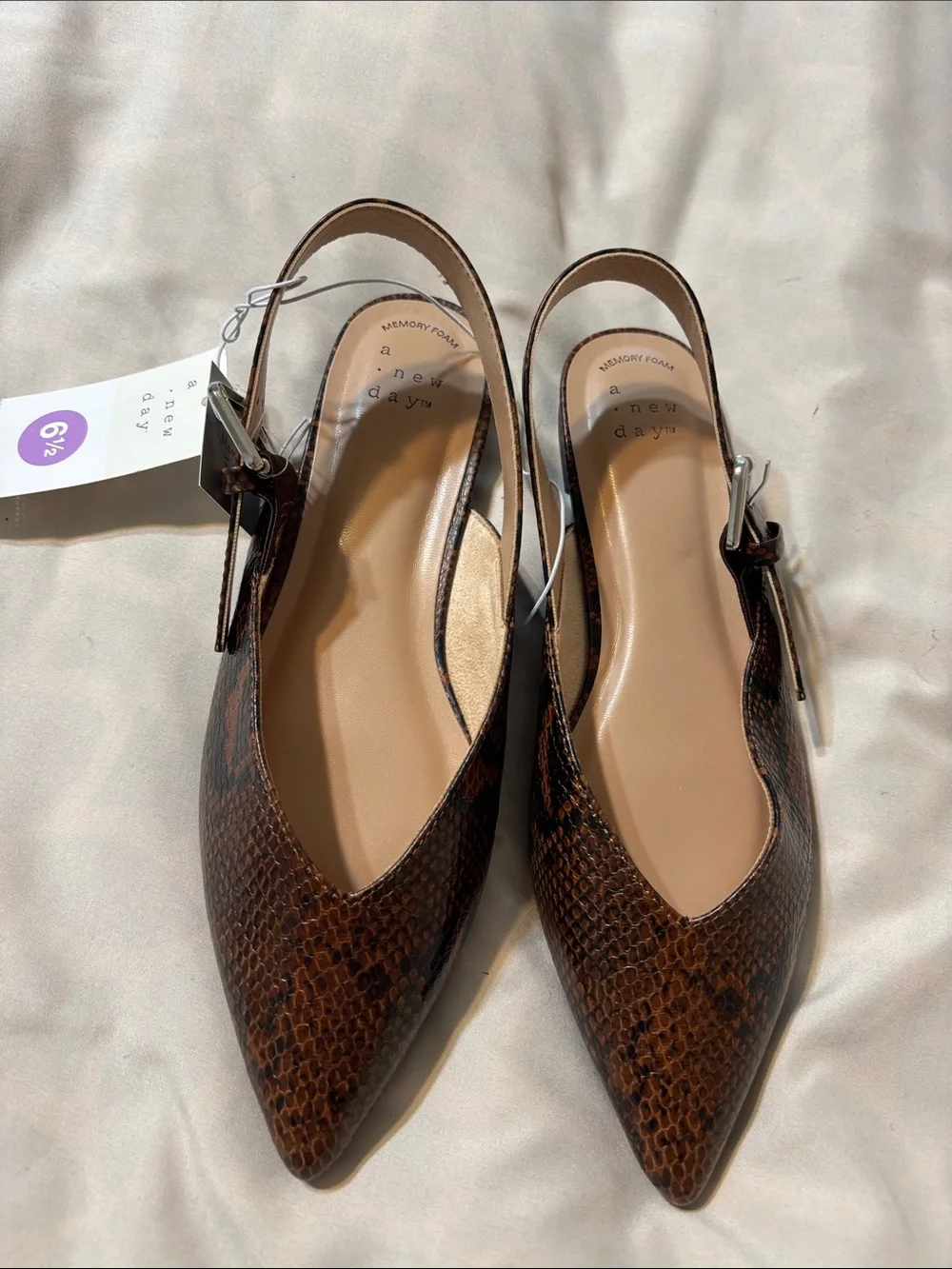 a new day Brown Faux Snakeskin Pointed Slingback Flats